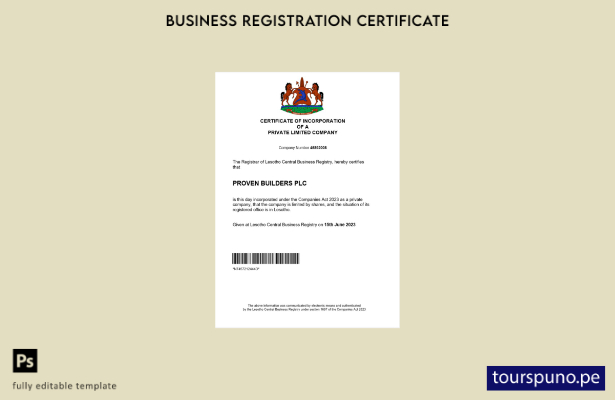 listo para imprimir Certificado de registro de empresa de Lesotho Plantilla de p